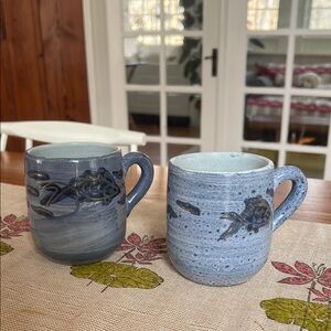 Pair of Blue Handmade Mugs with Fish Pattern (from Egypt)